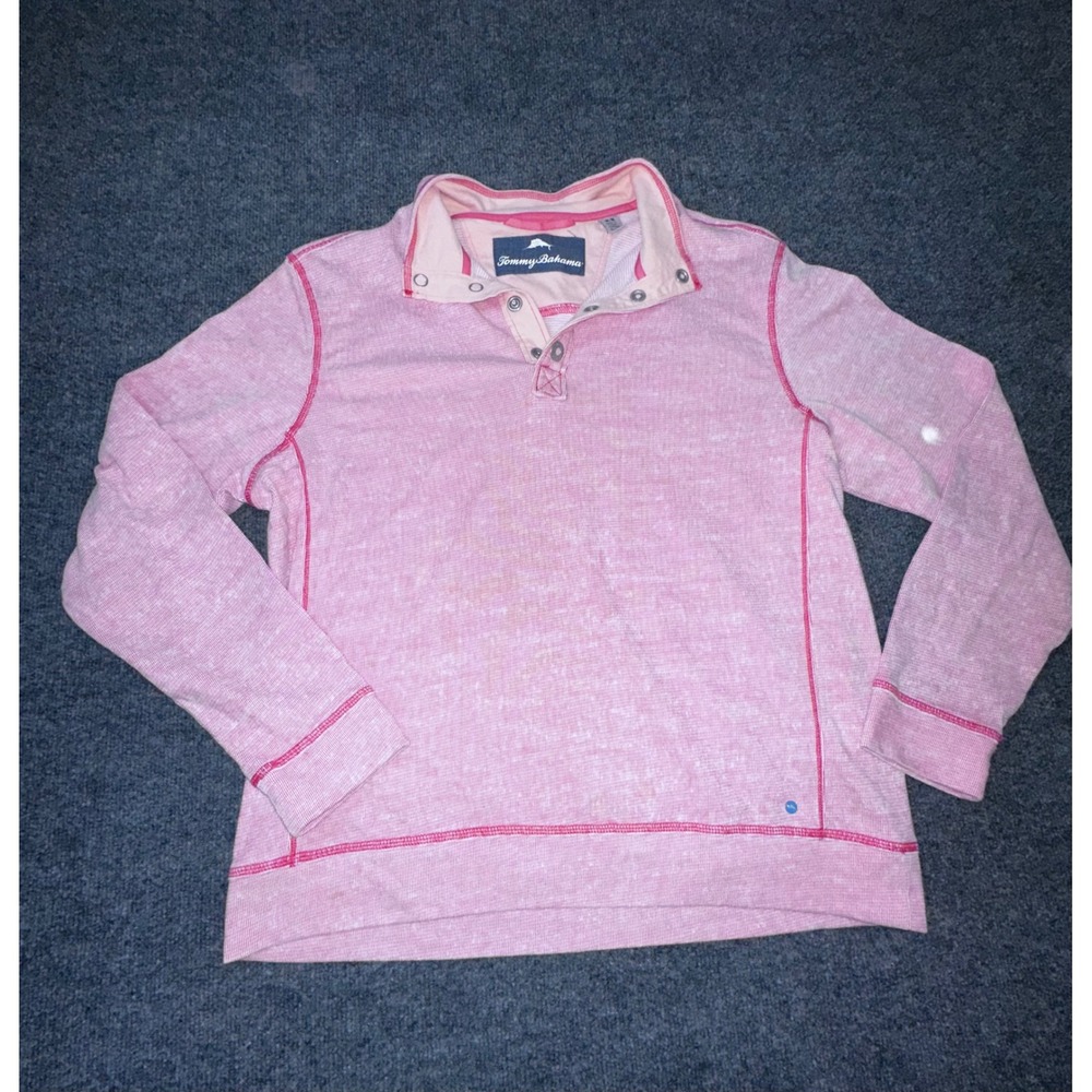 Tommy Bahama Mens Medium Pink Heathered Ribbed 1/4 Pullover Sweatshirt Casual - Picture 2 of 7
